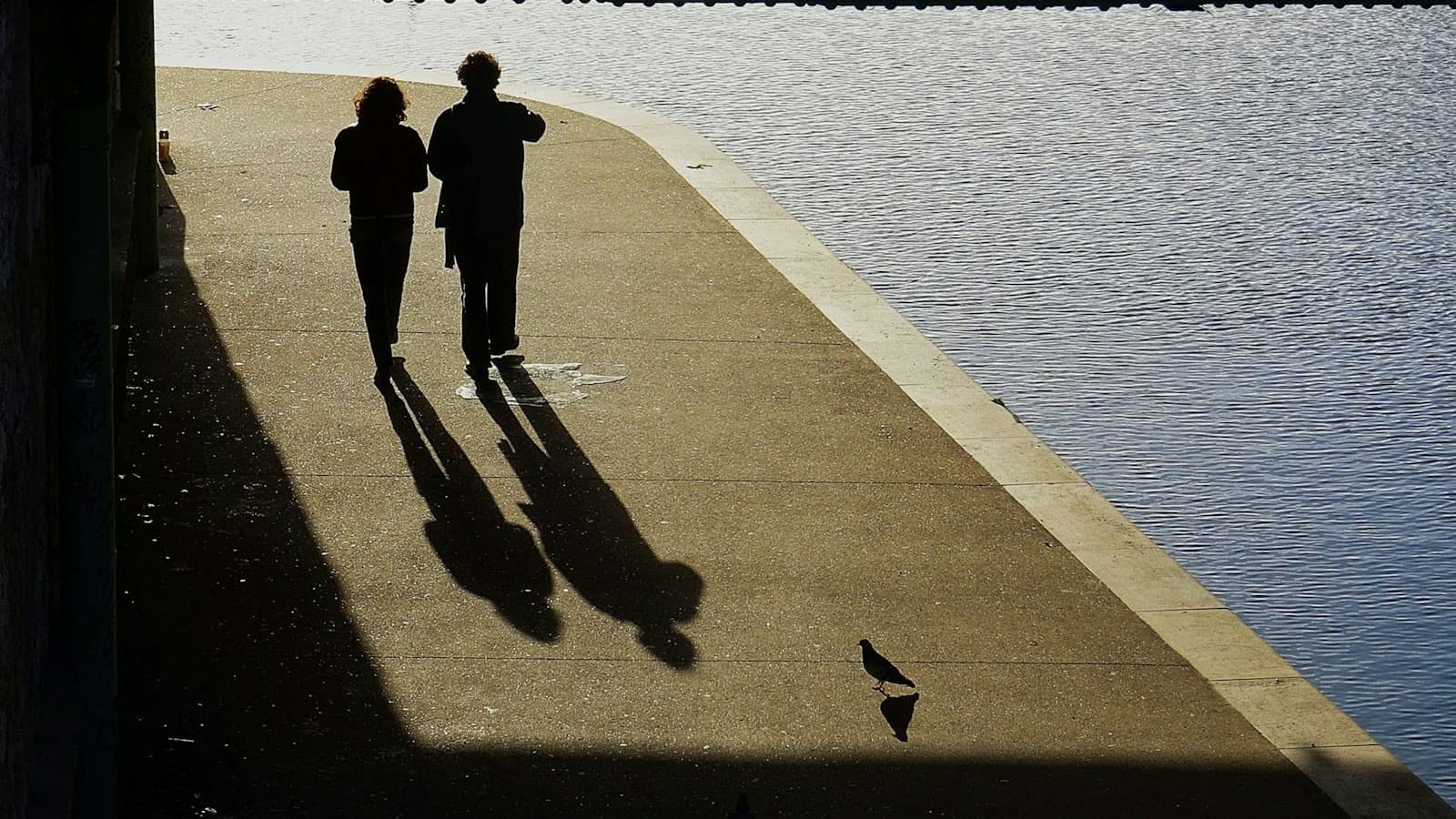 Two people walking along the Seine, their long shadows stretched out behind them