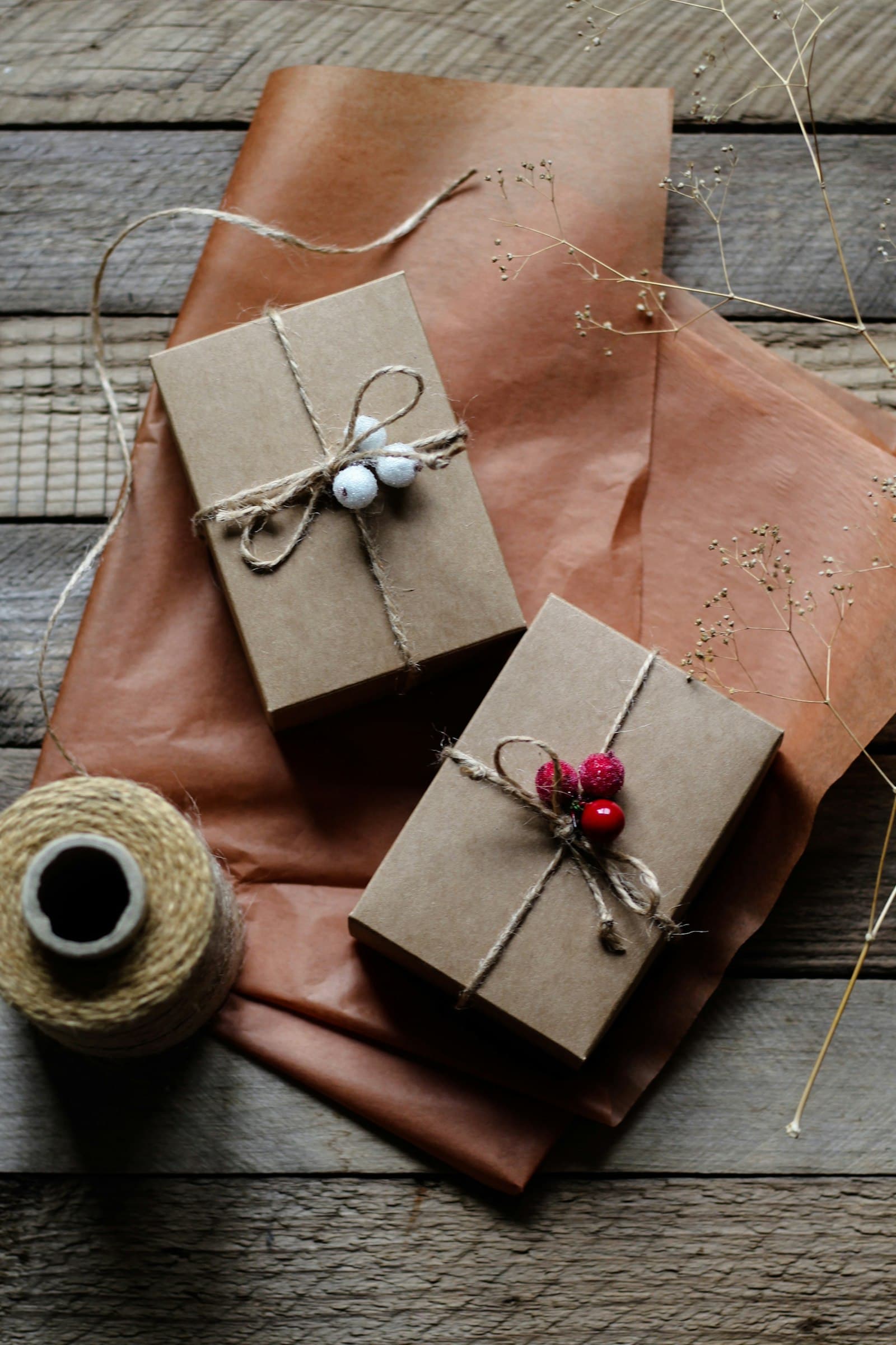 Parcels wrapped in kraft paper and twine