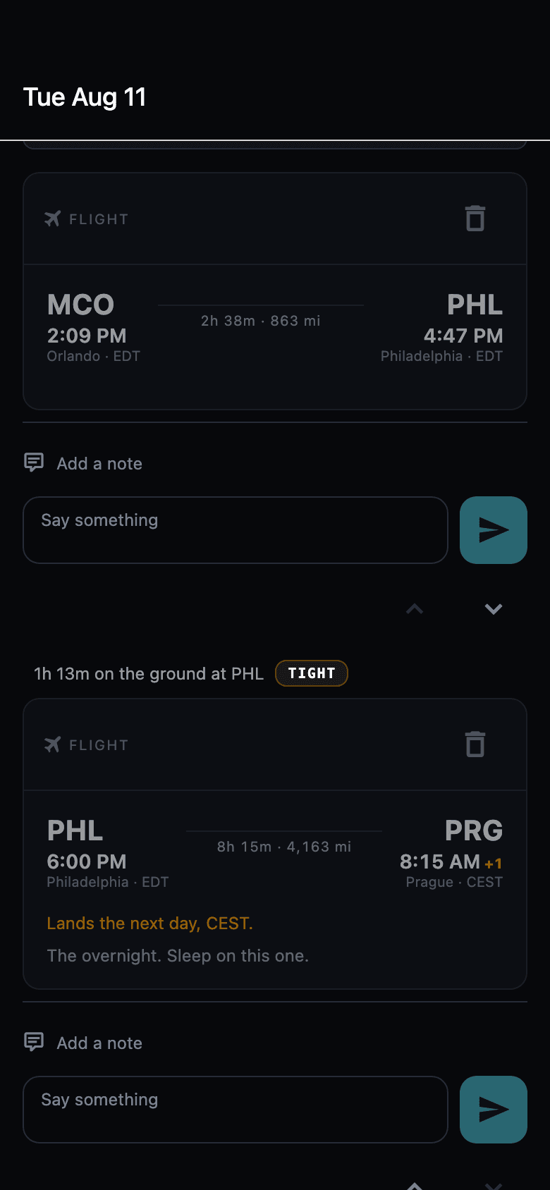 An overnight flight, with the air time and the connection worked out
