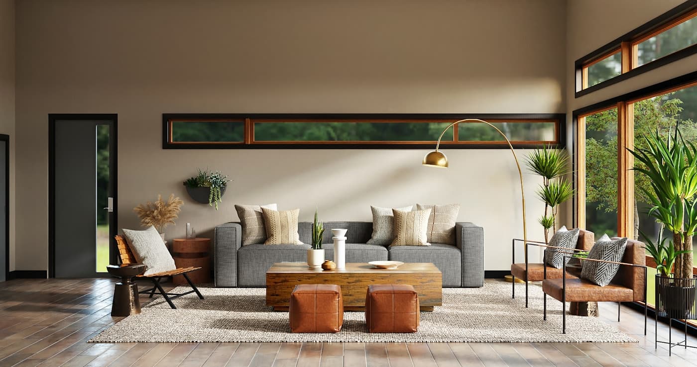 A living room opening onto a glazed wall