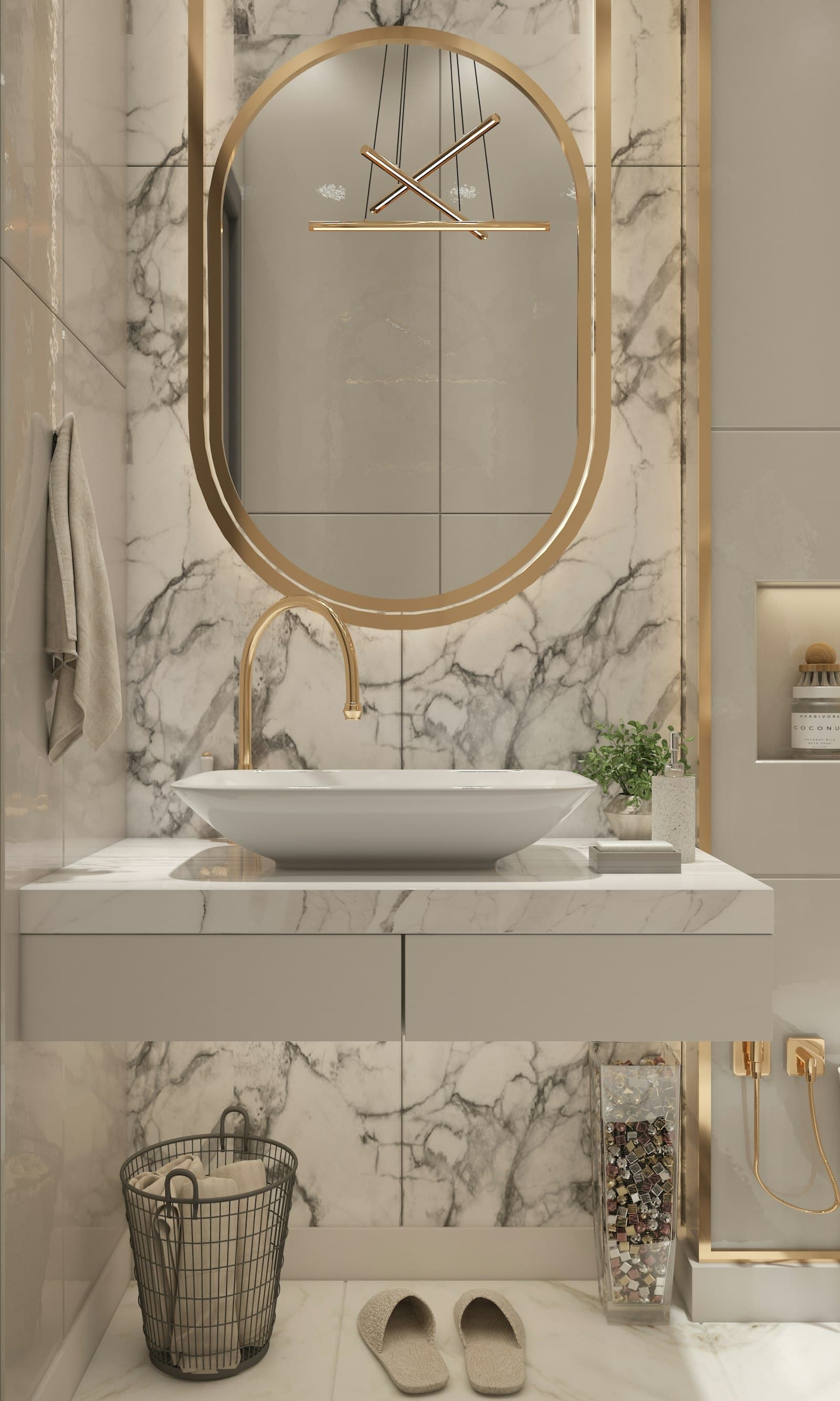 A bathroom with a marble wall and a freestanding basin